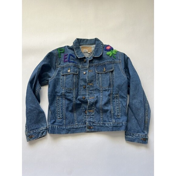 Vintage Vtg Y2K Embroidered Floral Boho Hippie Denim Jean Coat Jacket Large - Picture 3 of 7
